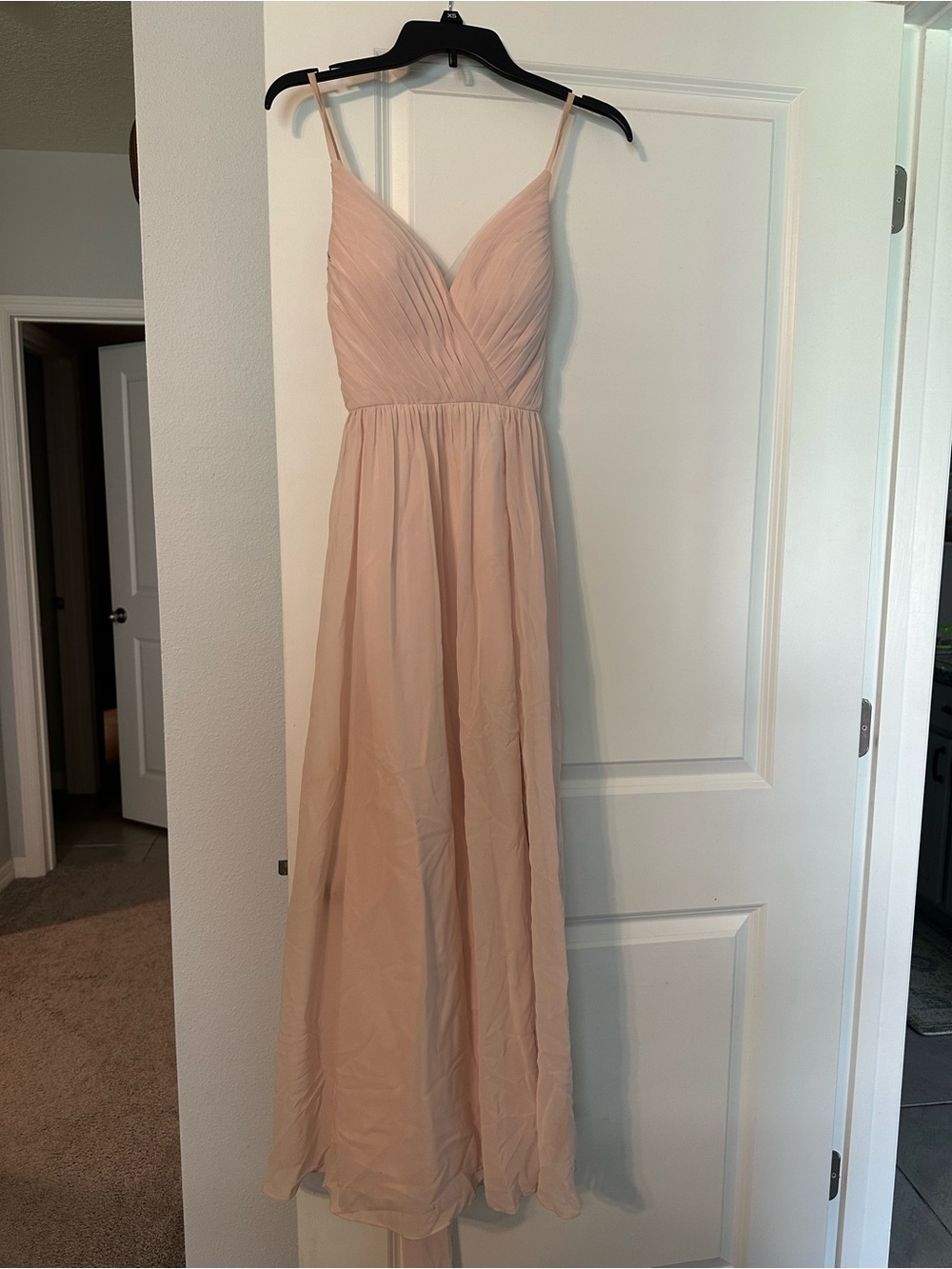 Azazie Blushing Pink V‑Neck Spaghetti Strap Maxi Dress